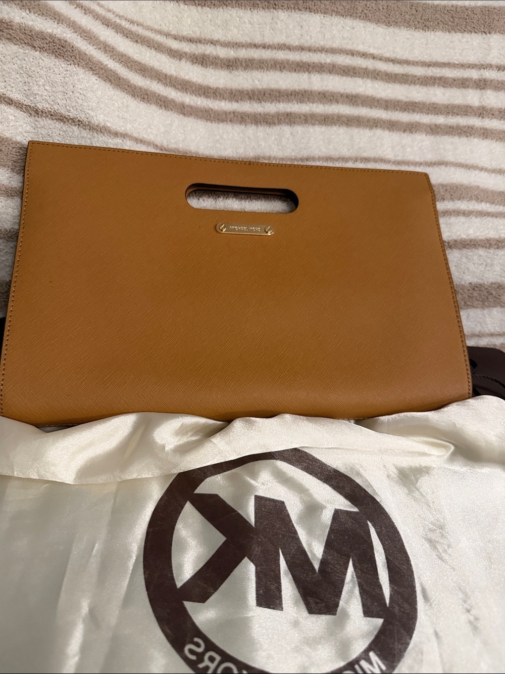 Michael Kors Cognac Saffiano Leather Cutout Handle Clutch